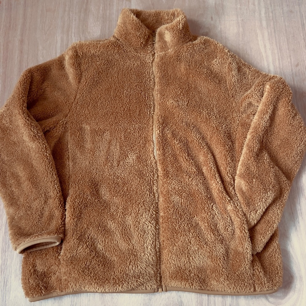 Uniqlo fluffy yarn fleece full zip jacket size XXL soft cozy teddy brown shacket